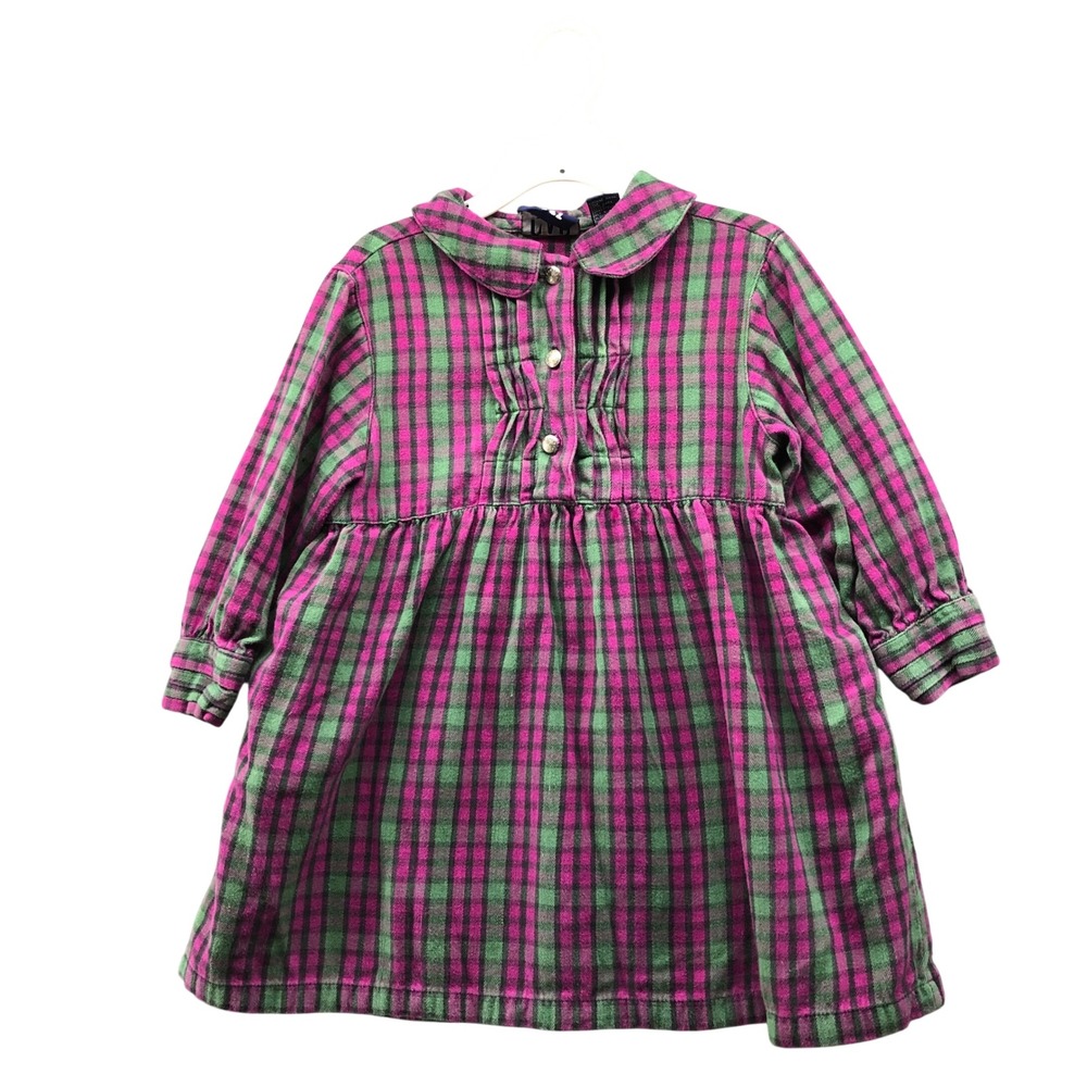 Vintage 90s Gap Girls 3T Plaid Flannel Dress Purple Green Long Sleeve Collared